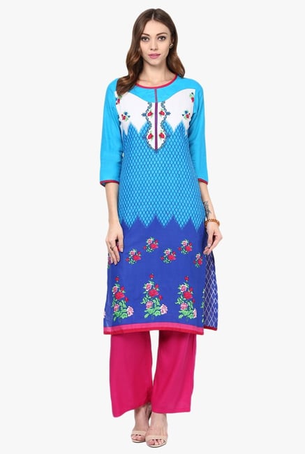 Jaipur Kurti Blue & Pink Printed Cotton Kurta With Palazzo Jaipur Kurti Blue & Pink Printed Cotton Kurta With Palazzo