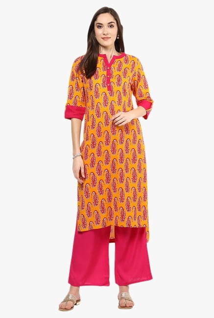 Jaipur Kurti Yellow & Pink Cotton Kurta With Palazzo Jaipur Kurti Yellow & Pink Cotton Kurta With Palazzo