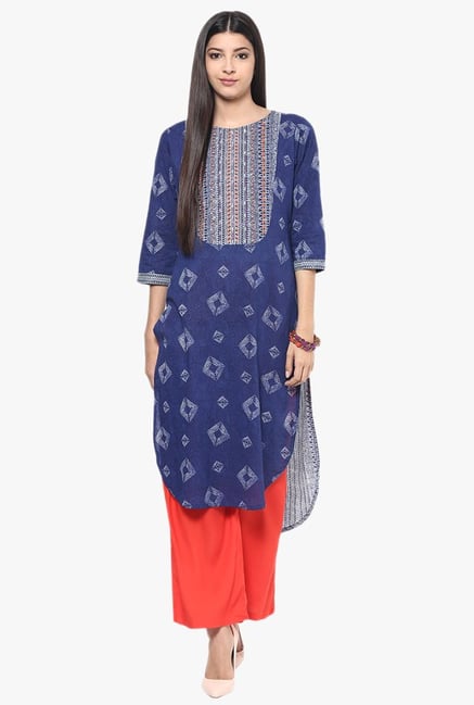 Jaipur Kurti Blue & Orange Cotton Kurta With Palazzo Jaipur Kurti Blue & Orange Cotton Kurta With Palazzo