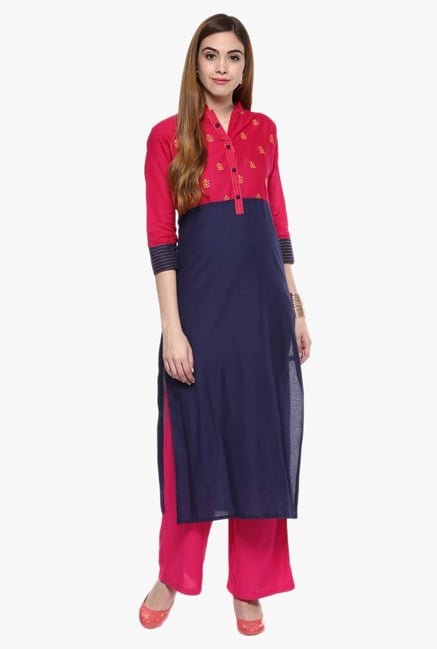 Jaipur Kurti Navy & Pink Printed Cotton Kurta With Palazzo Jaipur Kurti Navy & Pink Printed Cotton Kurta With Palazzo