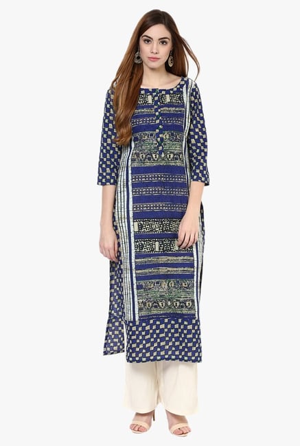 Jaipur Kurti Blue & Off White Cotton Kurta With Palazzo Jaipur Kurti Blue & Off White Cotton Kurta With Palazzo