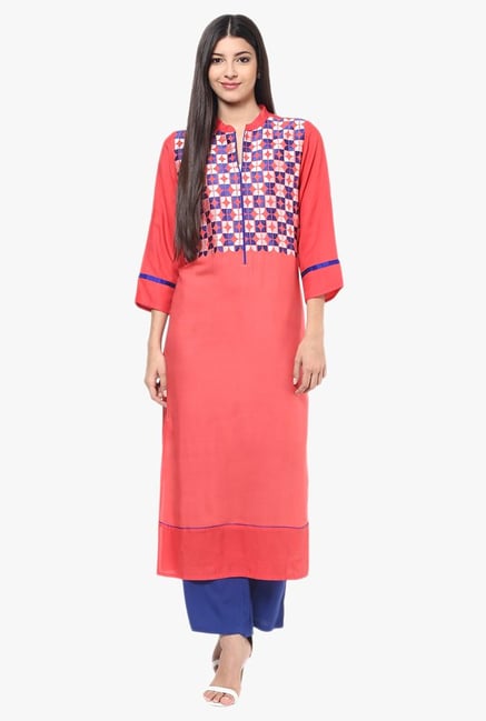 Jaipur Kurti Peach & Blue Rayon Kurta With Palazzo Jaipur Kurti Peach & Blue Rayon Kurta With Palazzo