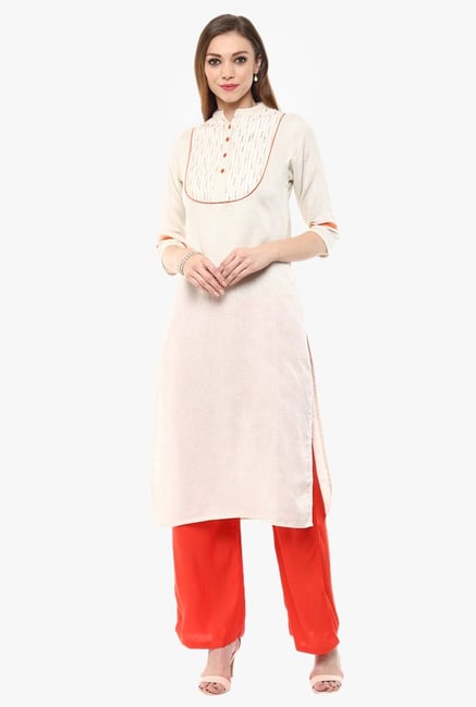 Jaipur Kurti Off White & Orange Cotton Kurta With Palazzo Jaipur Kurti Off White & Orange Cotton Kurta With Palazzo
