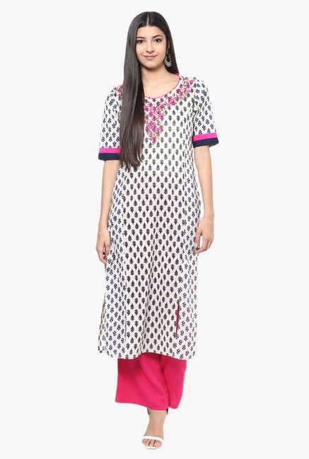 Jaipur Kurti White & Pink Cotton Kurta With Palazzo Jaipur Kurti White & Pink Cotton Kurta With Palazzo