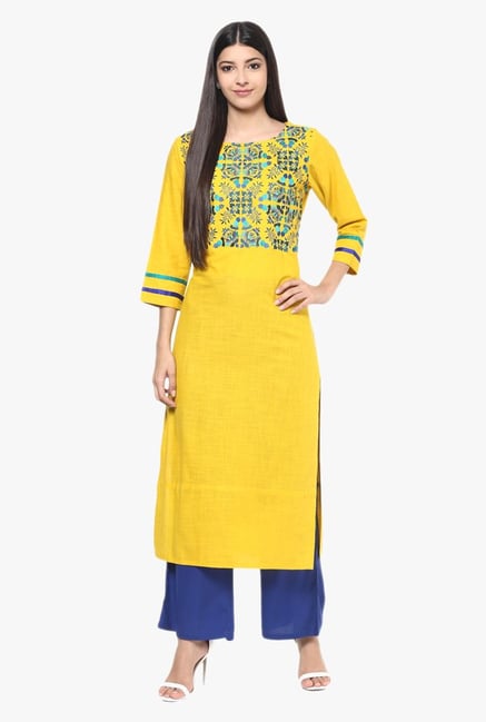 Jaipur Kurti Yellow & Blue Cotton Kurta With Palazzo Jaipur Kurti Yellow & Blue Cotton Kurta With Palazzo