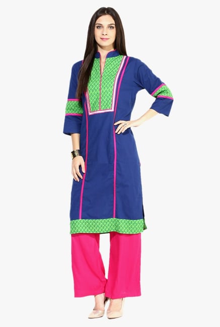 Jaipur Kurti Blue & Pink Printed Cotton Kurta With Palazzo Jaipur Kurti Blue & Pink Printed Cotton Kurta With Palazzo