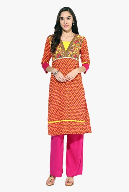 Jaipur Kurti Orange & Pink Printed Cotton Kurta With Palazzo Jaipur Kurti Orange & Pink Printed Cotton Kurta With Palazzo