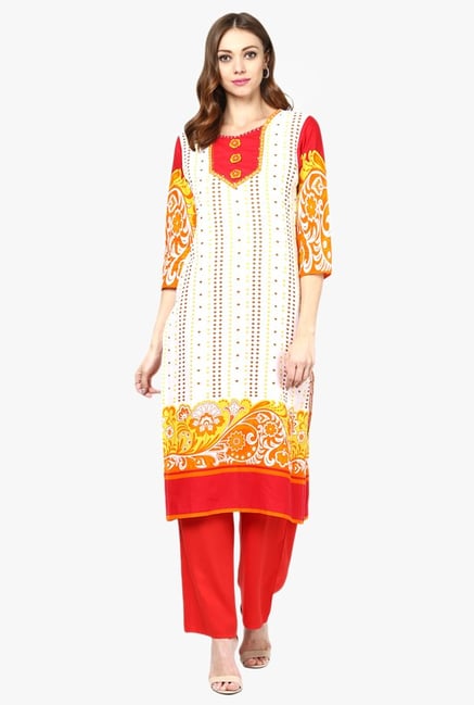 Jaipur Kurti White & Red Printed Cotton Kurta With Palazzo Jaipur Kurti White & Red Printed Cotton Kurta With Palazzo