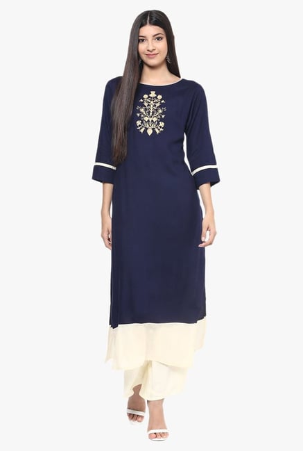 Jaipur Kurti Navy & Off White Rayon Kurta With Palazzo Jaipur Kurti Navy & Off White Rayon Kurta With Palazzo