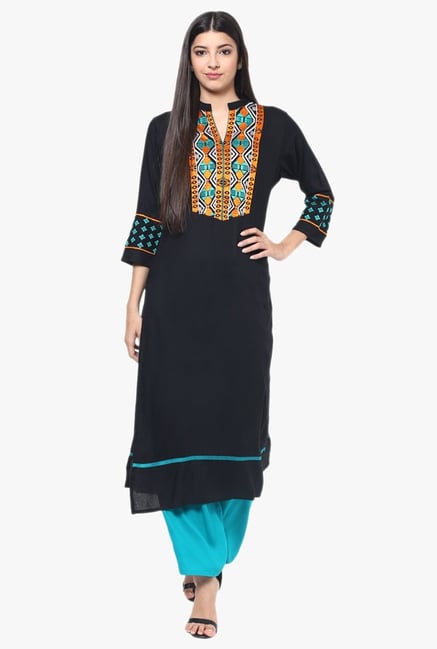 Jaipur Kurti Black & Blue Rayon Kurta With Palazzo Jaipur Kurti Black & Blue Rayon Kurta With Palazzo