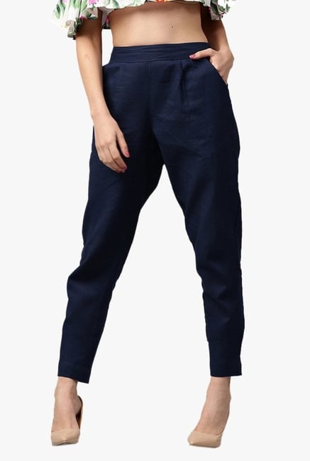 Jaipur Kurti Navy Regular Fit Cotton Pleated Pants Jaipur Kurti Navy Regular Fit Cotton Pleated Pants