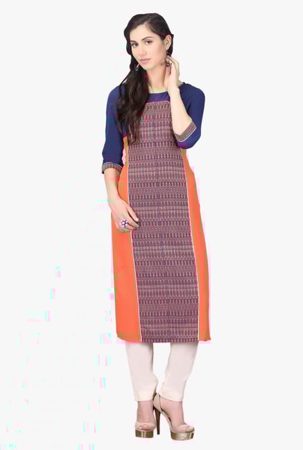 Aurelia Navy & Peach Embroidered Cotton Kurta Aurelia Navy & Peach Embroidered Cotton Kurta