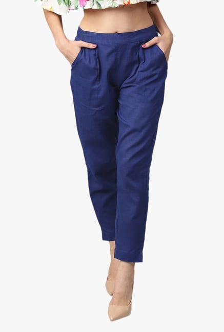 Jaipur Kurti Blue Regular Fit Cotton Pleated Pants Jaipur Kurti Blue Regular Fit Cotton Pleated Pants