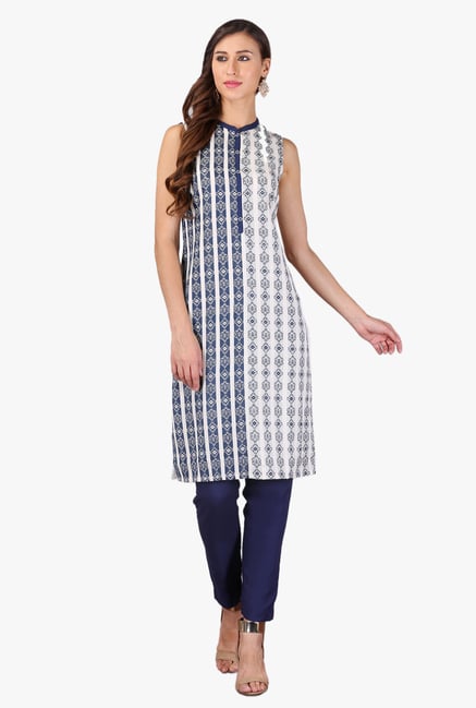 Aurelia White & Navy Embroidered Cotton Kurta Aurelia White & Navy Embroidered Cotton Kurta