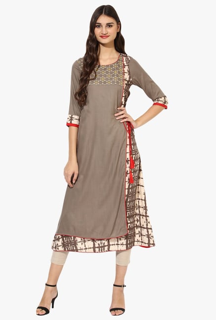 Juniper Brown Embroidered Rayon Angrakha Kurta With Tassels Juniper Brown Embroidered Rayon Angrakha Kurta With Tassels