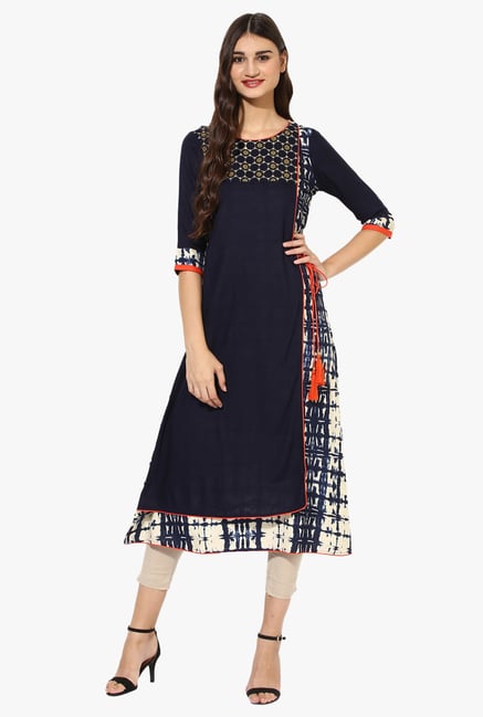 Juniper Navy Embroidered Rayon Angrakha Kurta With Tassels Juniper Navy Embroidered Rayon Angrakha Kurta With Tassels