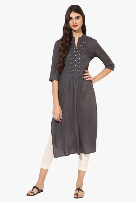 Juniper Grey Embellished Rayon Kurta Juniper Grey Embellished Rayon Kurta