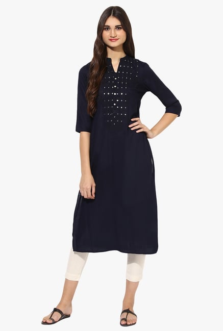 Juniper Navy Embellished Rayon Kurta Juniper Navy Embellished Rayon Kurta