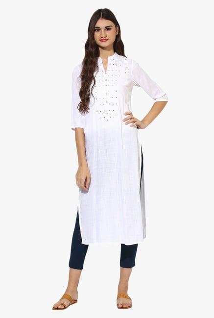 Juniper White Embellished Rayon Kurta Juniper White Embellished Rayon Kurta