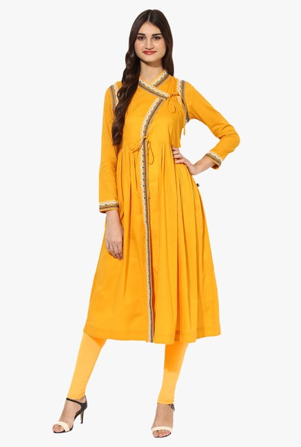 Juniper Yellow Embroidered Cotton Angrakha Kurta Juniper Yellow Embroidered Cotton Angrakha Kurta