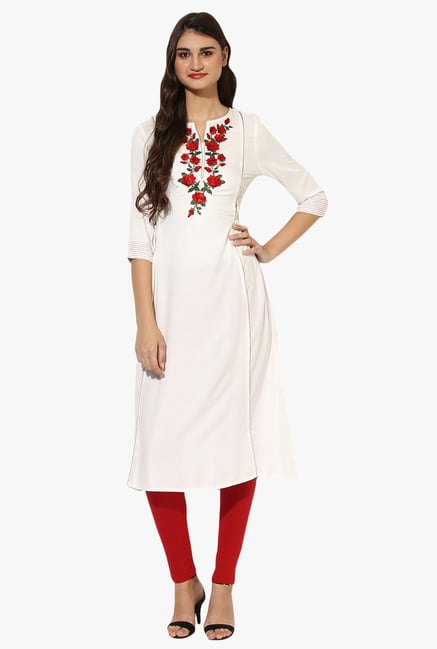 Juniper Off White Embroidered Rayon Kurta With Tassels Juniper Off White Embroidered Rayon Kurta With Tassels