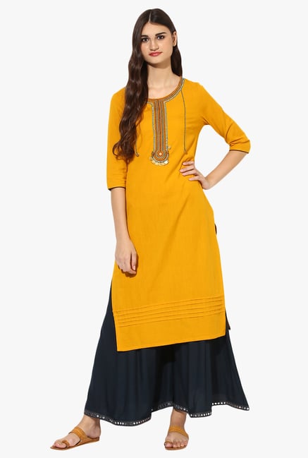 Juniper Mustard Embellished Linen Kurta Juniper Mustard Embellished Linen Kurta