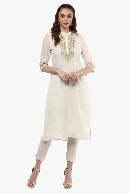 Juniper Off White Chanderi Embroidered Cotton Silk Kurta Juniper Off White Chanderi Embroidered Cotton Silk Kurta