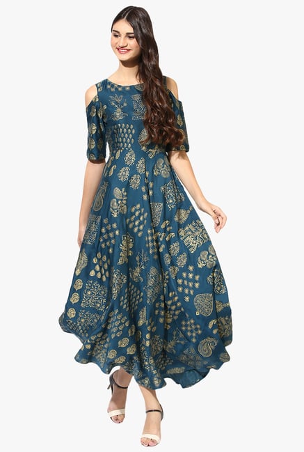 Juniper Teal Printed Silk A-Line Kurta Juniper Teal Printed Silk A-Line Kurta