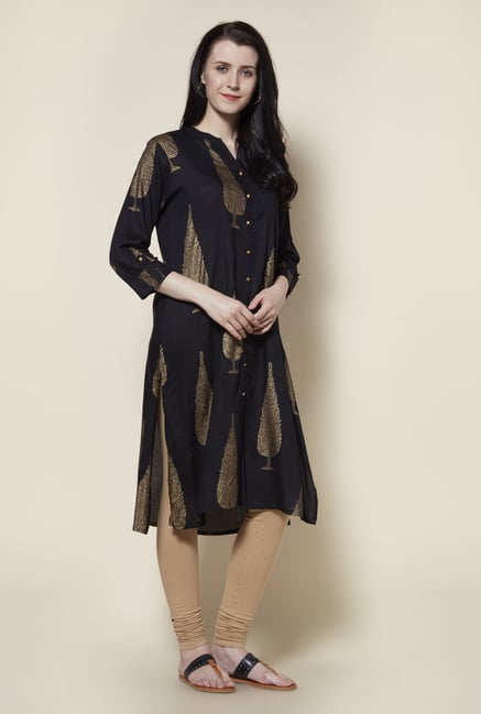 Zudio Black Gold Printed Kurta Zudio Black Gold Printed Kurta