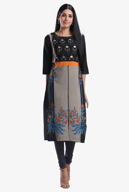 W Black & Grey Floral Print Cotton Kurta W Black & Grey Floral Print Cotton Kurta