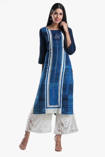 W Blue Printed Viscose Kurta W Blue Printed Viscose Kurta