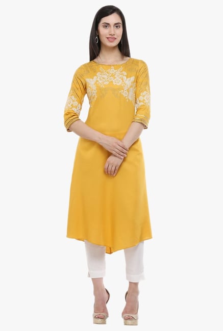 W Yellow Floral Print Viscose Kurta W Yellow Floral Print Viscose Kurta