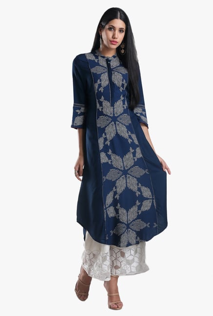 W Navy Printed Viscose Kurta W Navy Printed Viscose Kurta