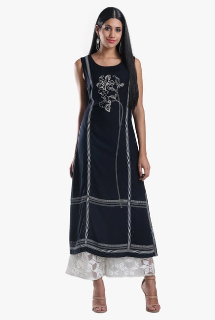 W Navy Floral Print Viscose Kurta W Navy Floral Print Viscose Kurta