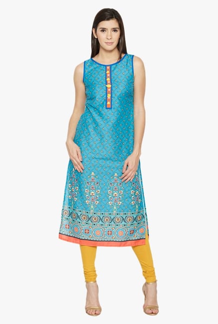 Globus Blue Printed Polyester Kurta Globus Blue Printed Polyester Kurta
