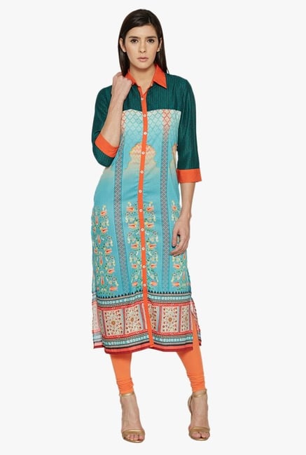 Globus Blue Printed Polyester Kurta Globus Blue Printed Polyester Kurta
