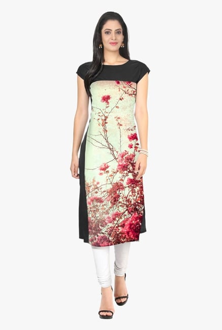 Ziyaa Black & Green Floral Print Crepe Kurta Ziyaa Black & Green Floral Print Crepe Kurta