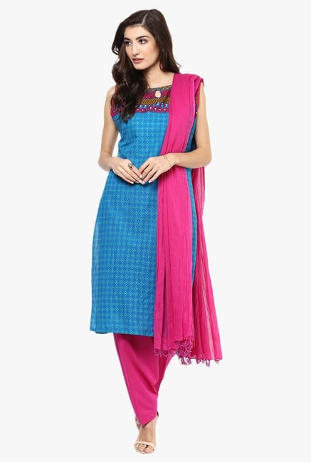 Jaipur Kurti Blue & Pink Printed Cotton Patiala Set Jaipur Kurti Blue & Pink Printed Cotton Patiala Set