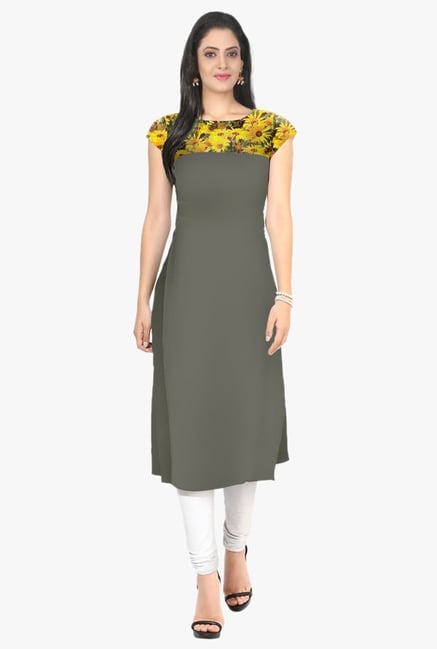 Ziyaa Grey Floral Print Crepe Kurta Ziyaa Grey Floral Print Crepe Kurta
