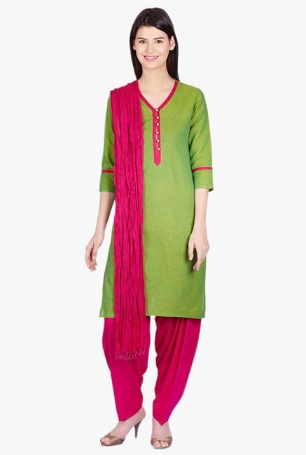 Jaipur Kurti Green & Pink Printed Cotton Patiala Set Jaipur Kurti Green & Pink Printed Cotton Patiala Set