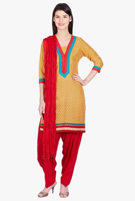 Jaipur Kurti Mustard & Red Printed Polyester Patiala Set Jaipur Kurti Mustard & Red Printed Polyester Patiala Set