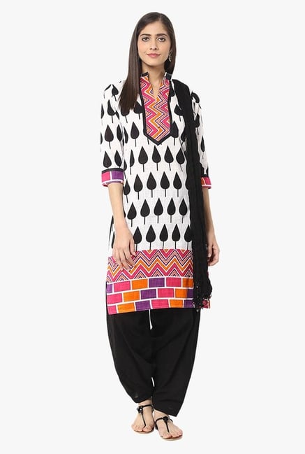 Jaipur Kurti White & Black Printed Cotton Patiala Set Jaipur Kurti White & Black Printed Cotton Patiala Set