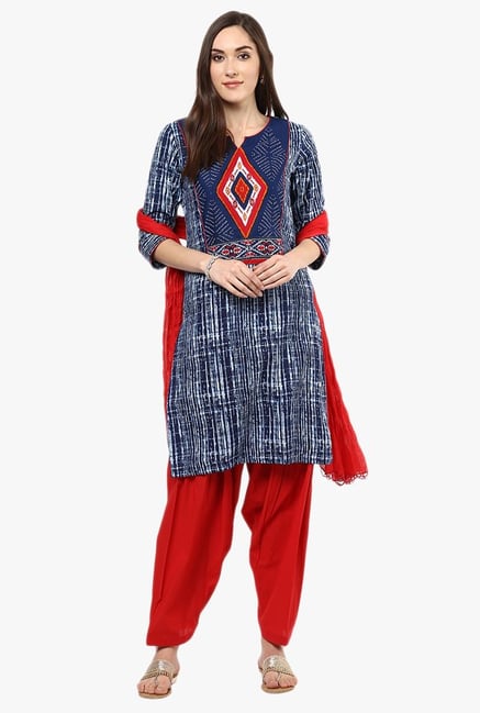 Jaipur Kurti Navy & Red Striped Cotton Patiala Set Jaipur Kurti Navy & Red Striped Cotton Patiala Set