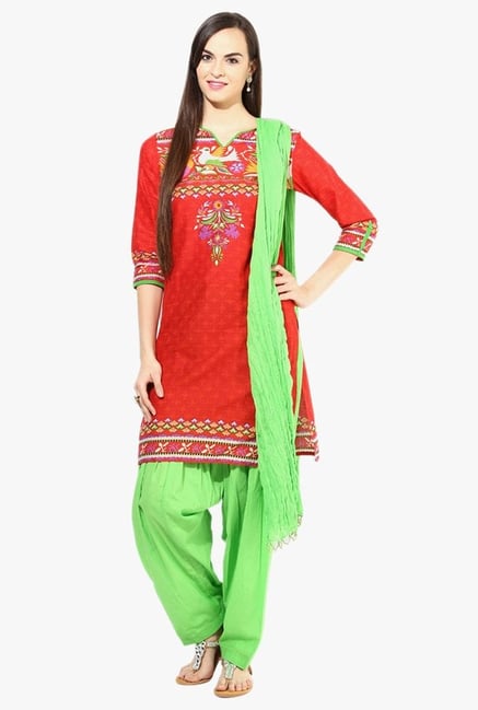 Jaipur Kurti Red & Green Printed Cotton Patiala Set Jaipur Kurti Red & Green Printed Cotton Patiala Set