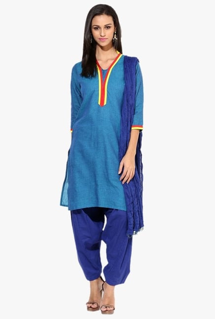 Jaipur Kurti Blue Printed Cotton Patiala Set Jaipur Kurti Blue Printed Cotton Patiala Set