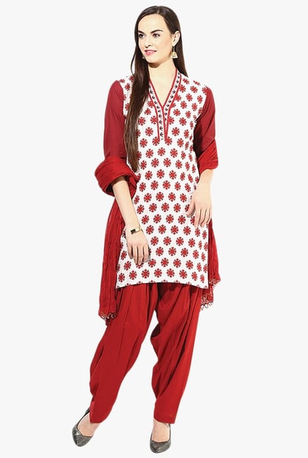 Jaipur Kurti White & Maroon Printed Cotton Patiala Set Jaipur Kurti White & Maroon Printed Cotton Patiala Set