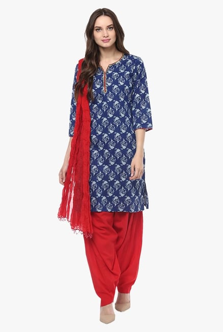Jaipur Kurti Navy & Red Printed Cotton Patiala Set Jaipur Kurti Navy & Red Printed Cotton Patiala Set