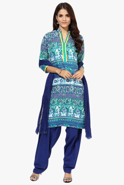 Jaipur Kurti Turquoise & Navy Printed Cotton Patiala Set Jaipur Kurti Turquoise & Navy Printed Cotton Patiala Set
