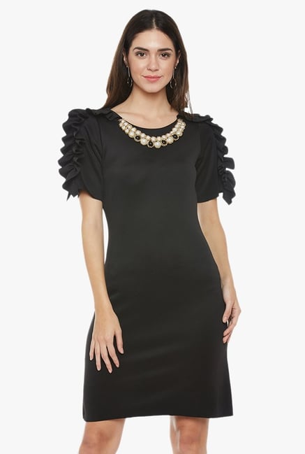 Athena Black Embellished Knee Length Frilled Dress Athena Black Embellished Knee Length Frilled Dress