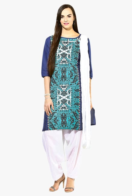 Jaipur Kurti Turquoise & White Printed Cotton Patiala Set Jaipur Kurti Turquoise & White Printed Cotton Patiala Set
